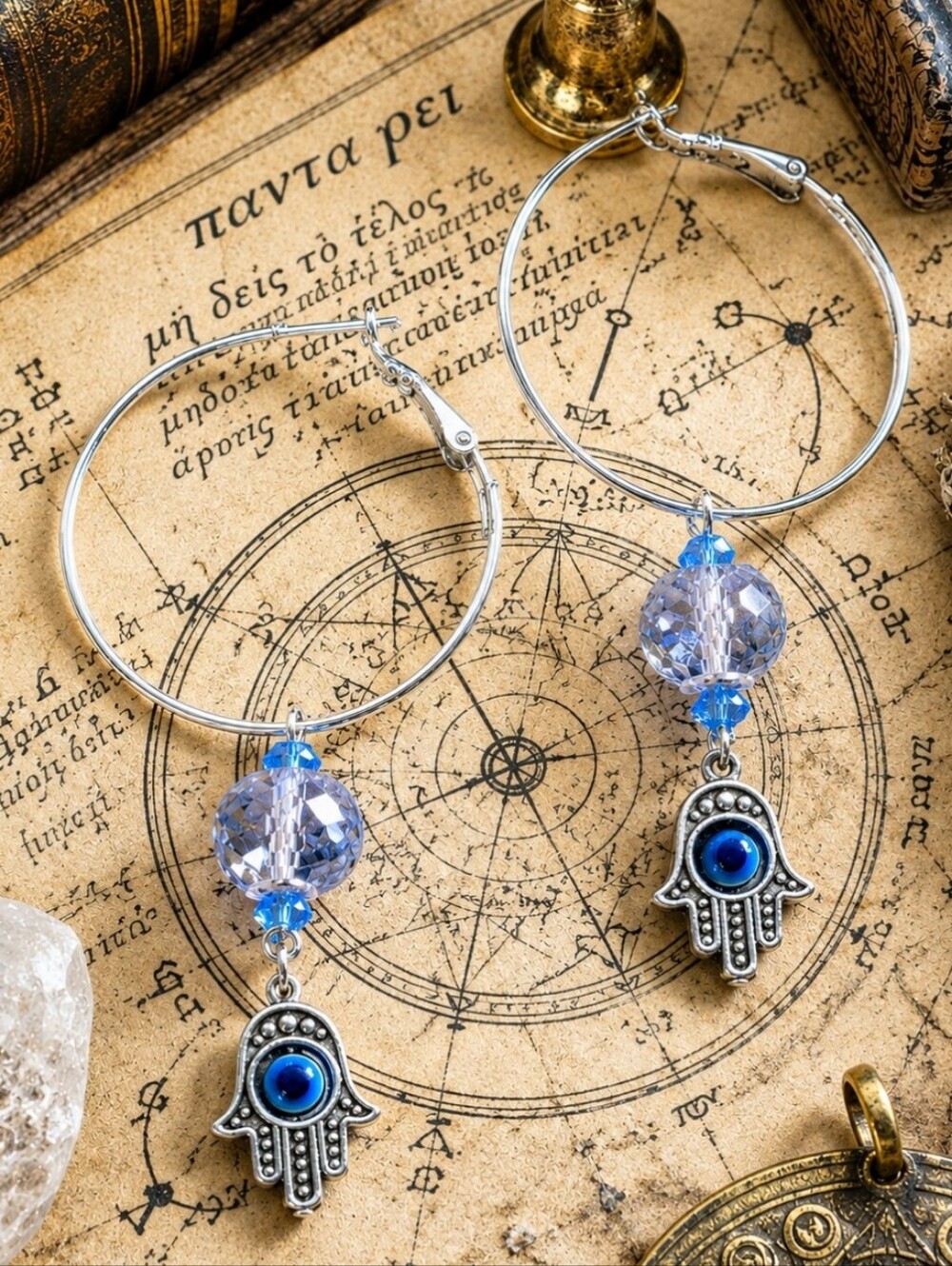Hamsa Evil Eye Protection Blue Faceted Azure Crystal Beads Earrings Handmade NEW
